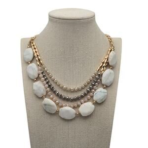 White Stone Multi Layer Statement Necklace Gold Tone Beaded – Soft Luxe Neutral